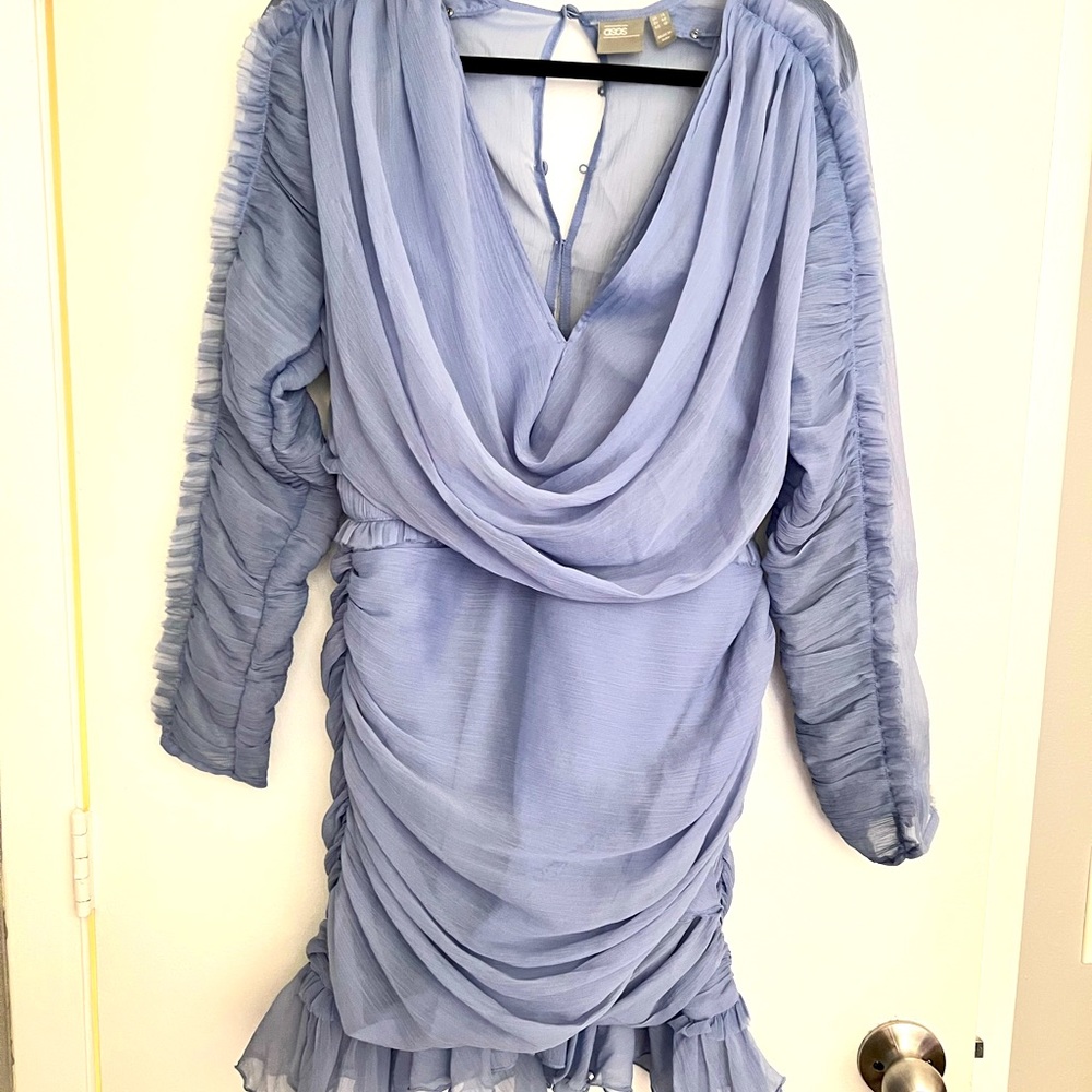 Mini Dress with Arm ruffle detail and draped neck